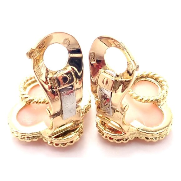 Van Cleef & Arpels Vintage Alhambra 18k Yellow Gold Angel Skin Coral Earrings - Picture 11 of 12